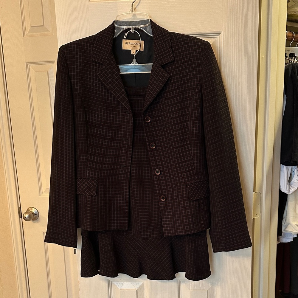 NWOT ‘Bergamo by Ebi’ Black w/ Burgundy Checkered Blazer & Skirt Set
